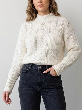 NWOT Design History White Pointelle Knit Mock Neck Sweater, Size Small